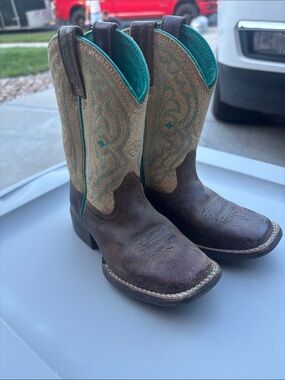 Ariat Kids Brown Leather Western Boots with Teal Stitching